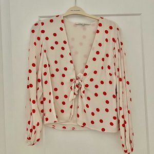 Lovers + Friends Red White Polka Dot Tie Front Top